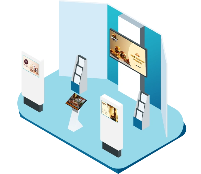 Showcase of various digital displays managed using the Displio platform, including floor-standing and wall-mounted displays with examples of content such as restaurant menus, advertising, and information boards.
