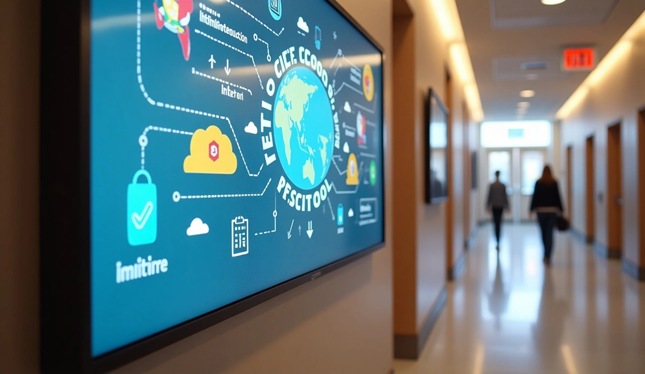 Digital signage panel in a school building displaying visual information for students – an ideal solution for internal communication in schools and universities.