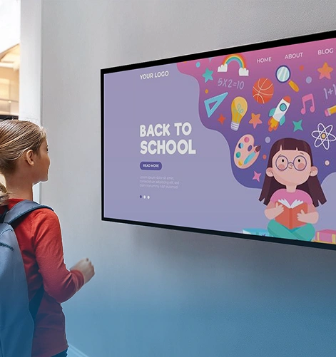 A smart school display with children's educational content controlled by Displio software – a modern way of communication between school, pupils, and parents.