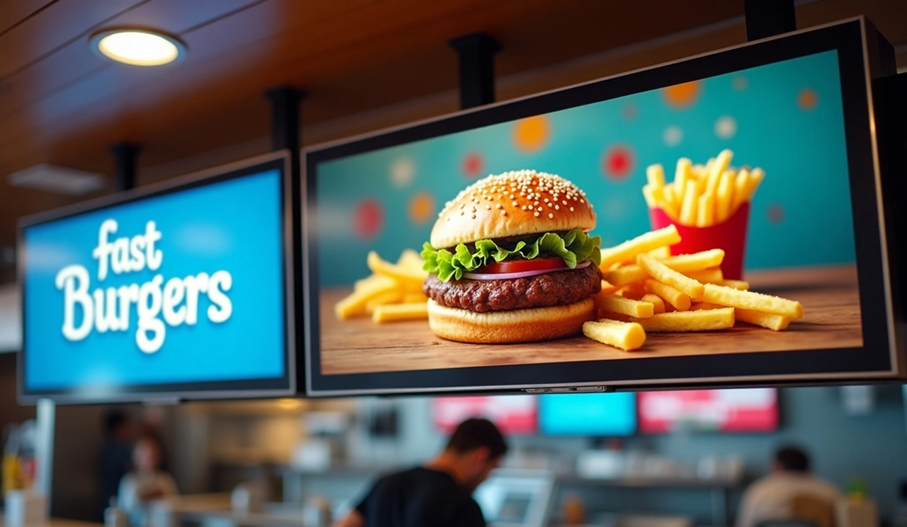 Digital display with food offer managed by the Displio system – effective real-time menu management for fast food restaurants.