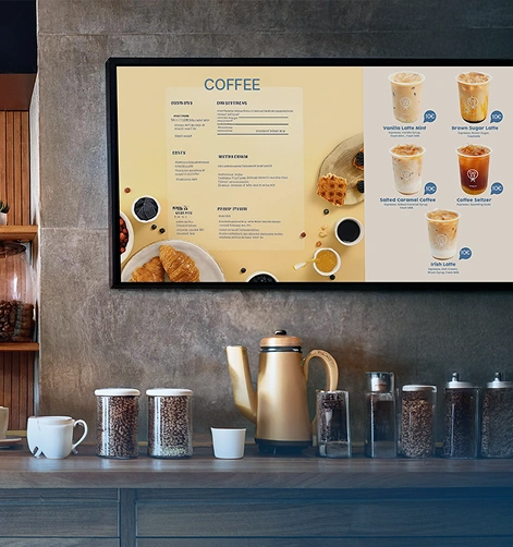 A digital screen with a coffee menu managed using Displio software – an ideal tool for cafes and coffee shops.