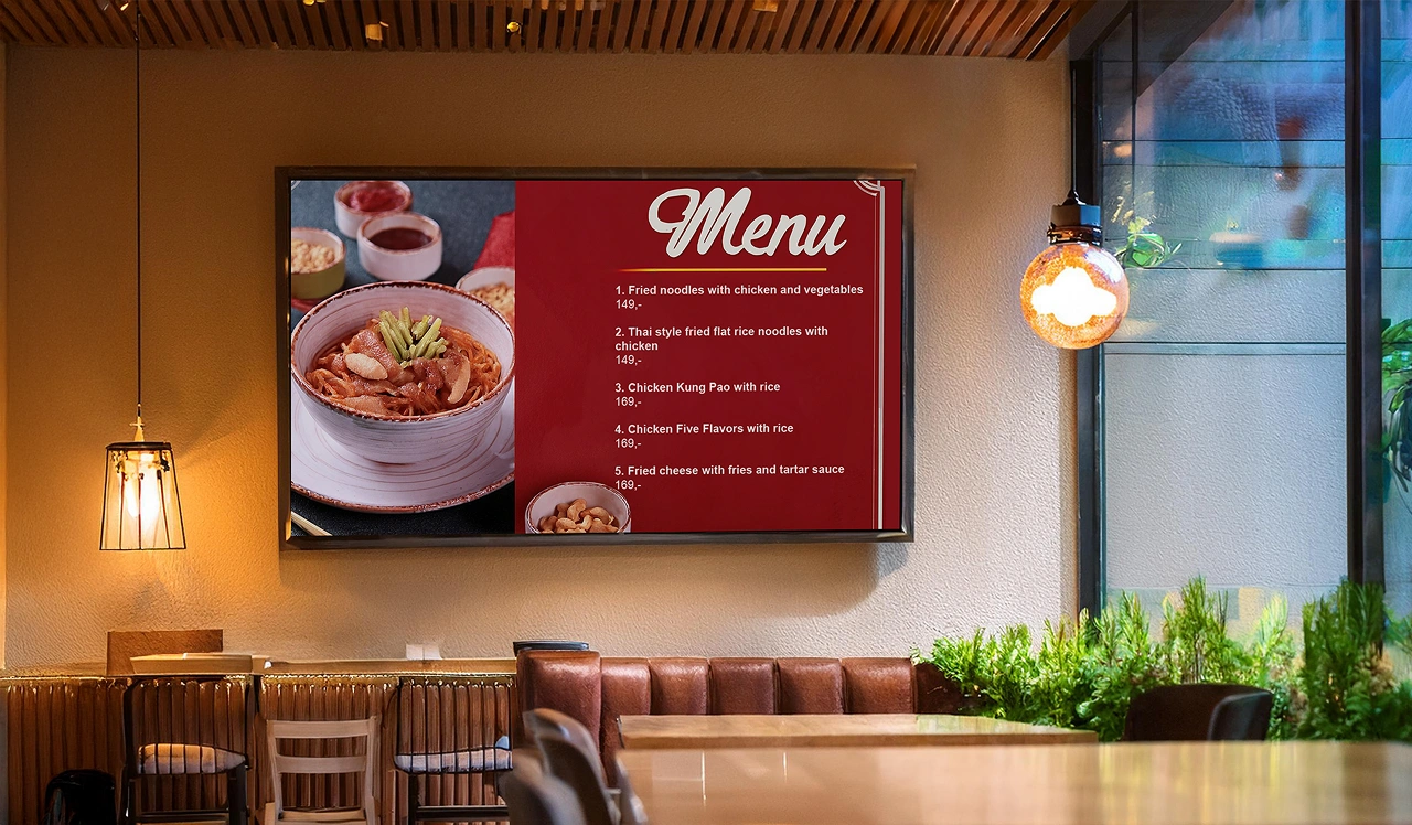 Digital menu screen managed by Displio software – easy menu management in real-time for restaurants.
