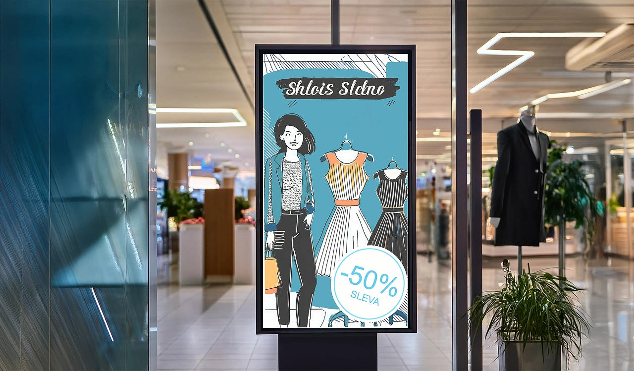 In-store digital screen displaying a promotional offer and product advertising