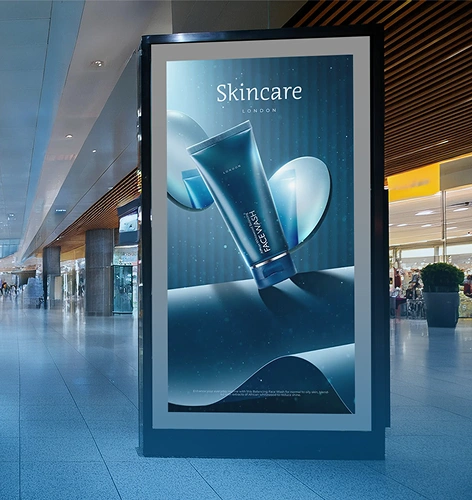 Shopping mall screen with digital advertising for a cosmetic product